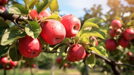 The apple tree branches are heavy with ripe apples