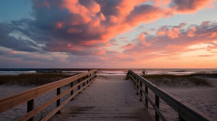 Fototapeta na wymiar The wooden bridge extends onto the sandy beach, under a sky painted with shades of orange and pink