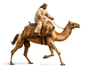 Camel rider traveling fast on isolated background