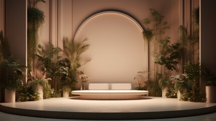 An empty space is brought to life with lush plants positioned under a pedestal, illuminated by a soft light