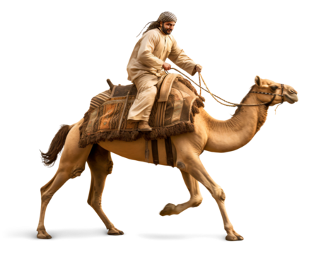 Camel rider traveling fast on isolated background