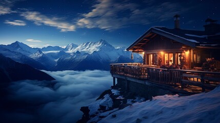 Chalet in the mountains, winter season, evening view. Generation AI