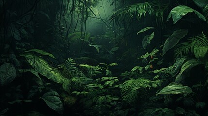 the rough texture of a dense tropical jungle floor covered in leaves and underbrush - obrazy, fototapety, plakaty