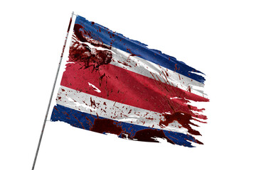 Costa Rica torn flag on transparent background with blood stains.