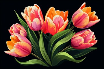 Vibrant flat tulips on black background. Generative AI