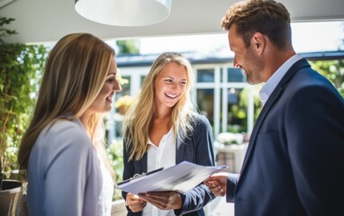 Real estate agent discussing property details with prospective buyers