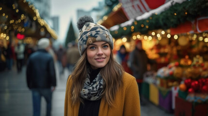 Naklejka premium A young woman in winter clothes walks in search of gifts through the Christmas market in the city, decorated with festive lights. Winter holidays