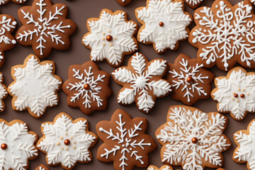 Fototapeta premium Christmas background with gingerbread snowflakes cookies decoradas con white royal icing over brown background, top view. Flat lay.