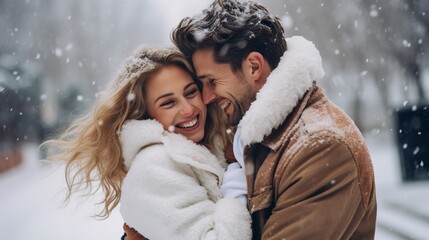Beautiful young couple walking in a winter park, snow, happiness, romance. Generation AI - obrazy, fototapety, plakaty