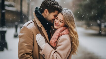 Beautiful young couple walking in a winter park, snow, happiness, romance. Generation AI - obrazy, fototapety, plakaty