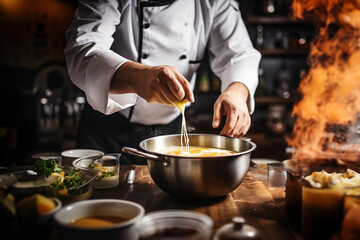 Close up male chef's hand in uniform pour soup, sauce, cheese, seasoning or egg into bowl of food or soup in stock pot at restaurant's kitchen.