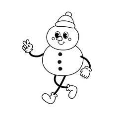 Vector groovy retro cartoon outline snowman isolated on white background