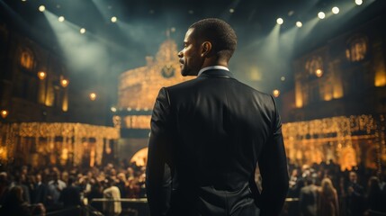 Fototapeta premium A businessman speaking to a crowd at a convention or training. Generative AI. 