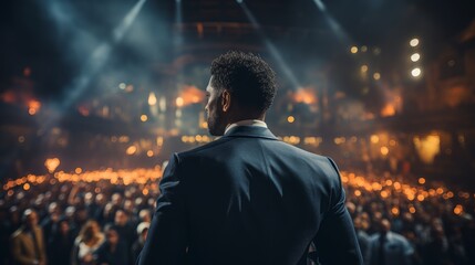 A businessman speaking to a crowd at a convention or training. Generative AI. 