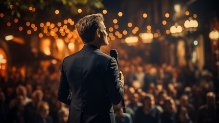 A businessman speaking to a crowd at a convention or training. Generative AI. 
