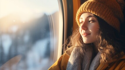 A girl travels on a train, looks out the window at a mountainous winter landscape. Generation AI - Powered by Adobe