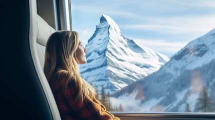 A girl travels on a train, looks out the window at a mountainous winter landscape. Generation AI