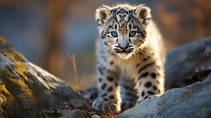 small leopard standing on top of a rock in a field.