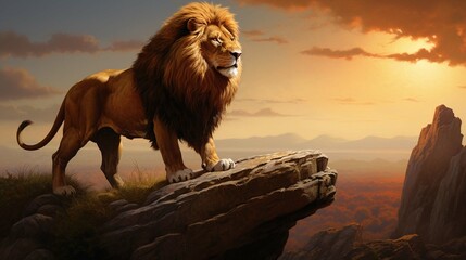 a lion standing on top of a rock in a field. - obrazy, fototapety, plakaty