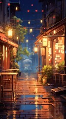 Fototapeta premium Anime-style illustration of an urban street on a rainy night