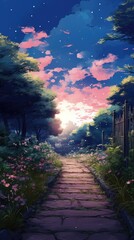 Beautiful anime-style illustration of a stone path through a garden at twilight