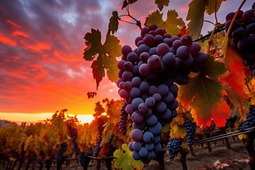 Vibrant sunset over ripe vineyard grapes. Generative AI