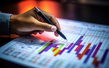 Hand holding a pen and pointing at a financial chart - obrazy, fototapety, plakaty