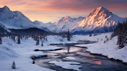 A beautiful mountainous sunset scene in winter.