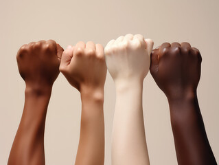 Varied skin color hands in fists and raised in the air, different skin colors together
