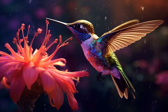 Bird sipping nectar from pretty digital flower. Generative AI