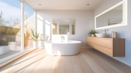 White modern interior design  with  bathtub and with plant, Generative AI.