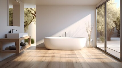 Fototapeta na wymiar White modern interior design with white bathtub and with plant, Generative AI.