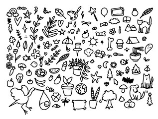 illustration set of cute doodles for daily planner, hand drawn animals and plants. Pencil goodnotes digital stickers, isolated background vector. Camp leaves, beach, veggies, back to school drawings.
