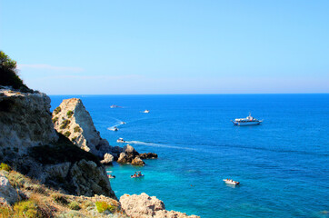 Inspiring view from Tremiti Islands (Isole Tremiti) at rocky slopes in the left foreground opening...