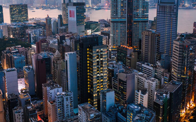 Aerial scenery panoramic view of Hong Kong modern skyscrapers district