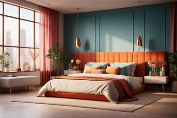 Interior design of modern contemporary bedroom.