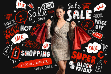 Beautiful young woman with shopping bags on dark background. Black Friday sale