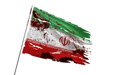 Iran torn flag on transparent background with blood stains.
