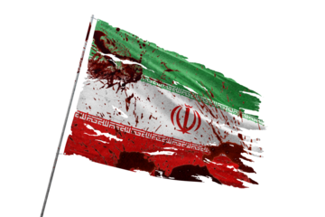 Iran torn flag on transparent background with blood stains.