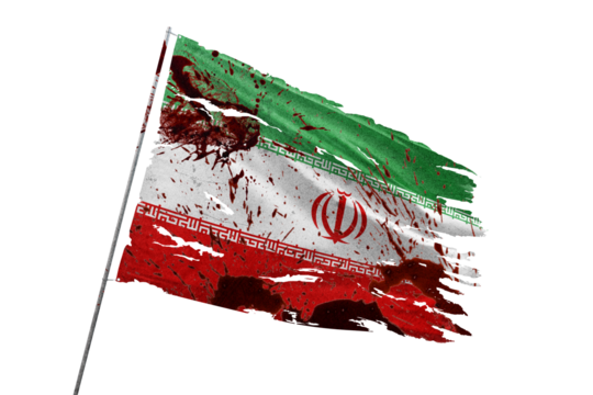 Iran torn flag on transparent background with blood stains.