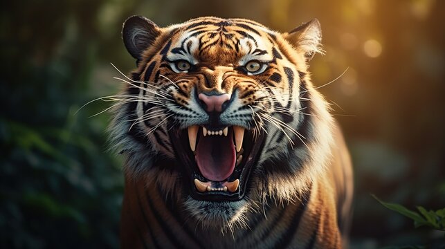 Portrait wild tiger open mouth in nature blurred background. AI generated image