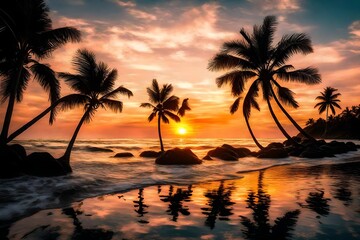 Fototapeta na wymiar sunset at the beach with palm trees