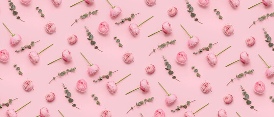 Many beautiful roses on pink background. Pattern for design
