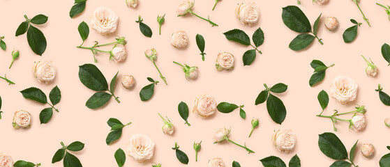 Many beautiful roses on beige background. Pattern for design