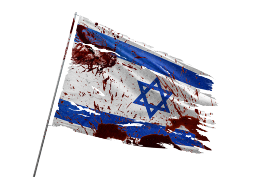 Israel torn flag on transparent background with blood stains.