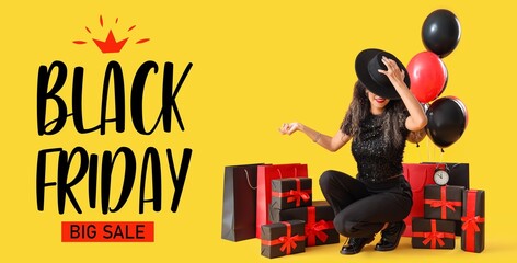 Beautiful young woman with shopping bags, balloons and gift boxes on yellow background. Banner for Black Friday sale