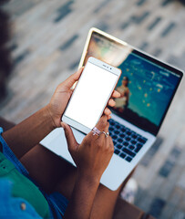 Female hands with mobile phone, internet and applications, online shopping, chatting app