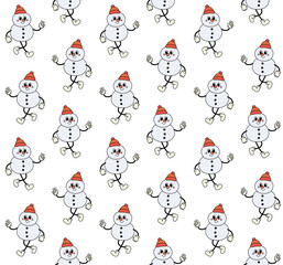 Vector seamless pattern of groovy retro cartoon snowman isolated on white background
