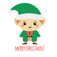 Vector flat hand drawn Santa elf with merry Christmas text isolated on white background