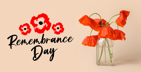 Vase with poppy flowers on beige background. Remembrance Day in Canada